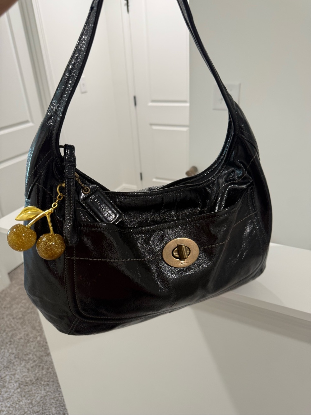 Coach Patent Leather XL Turn Lock Ergo Bag - Black